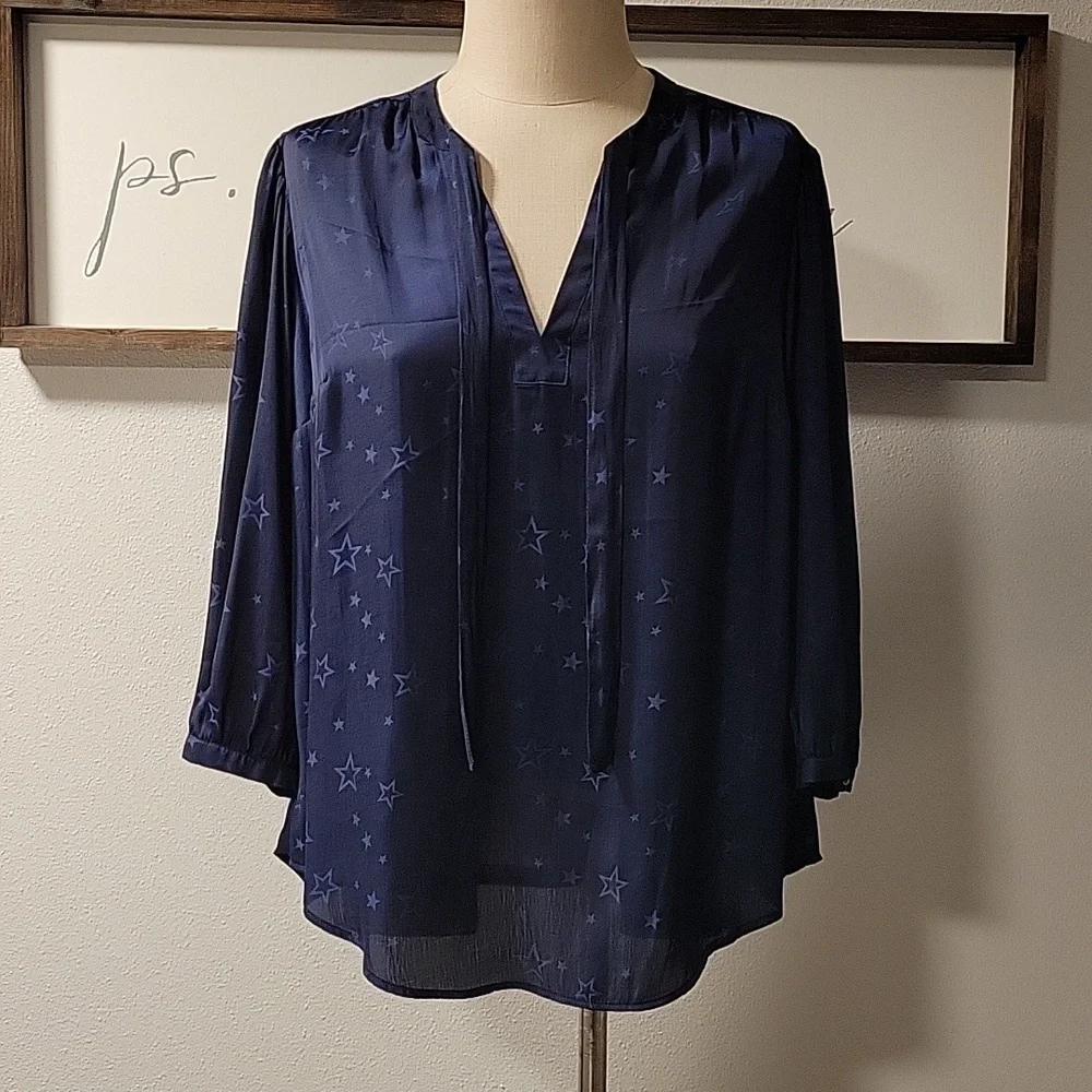 Torrid Peasant blouse, Charmeuse Jacquard Star Navy - Picture 2 of 14